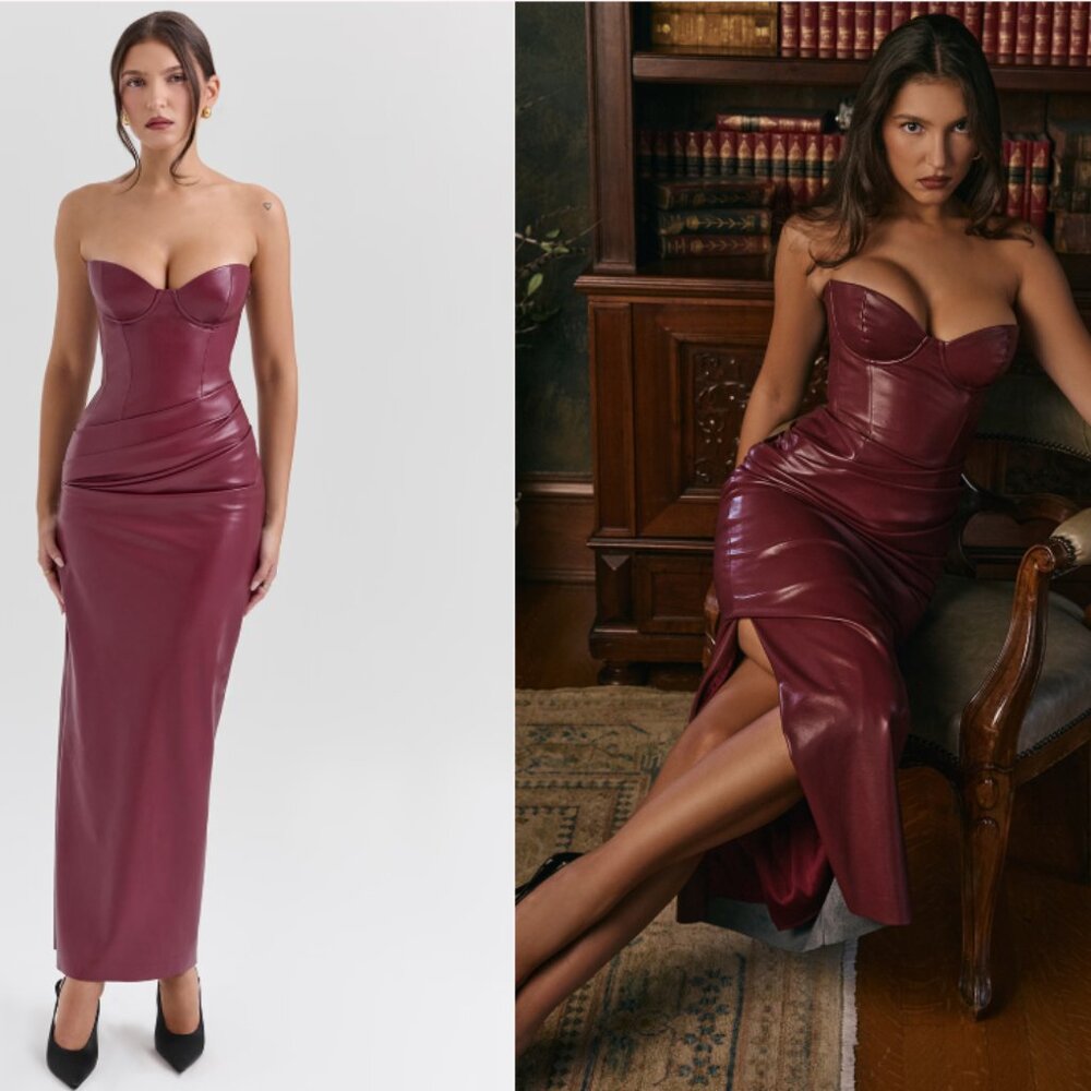 House of CB Juliana cabernet vegan leather midi dress